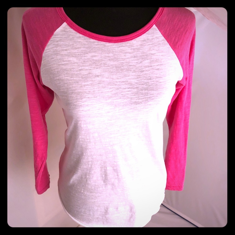 Miami Style white pink colorblock baseball style three quarter sleeve t-shirt